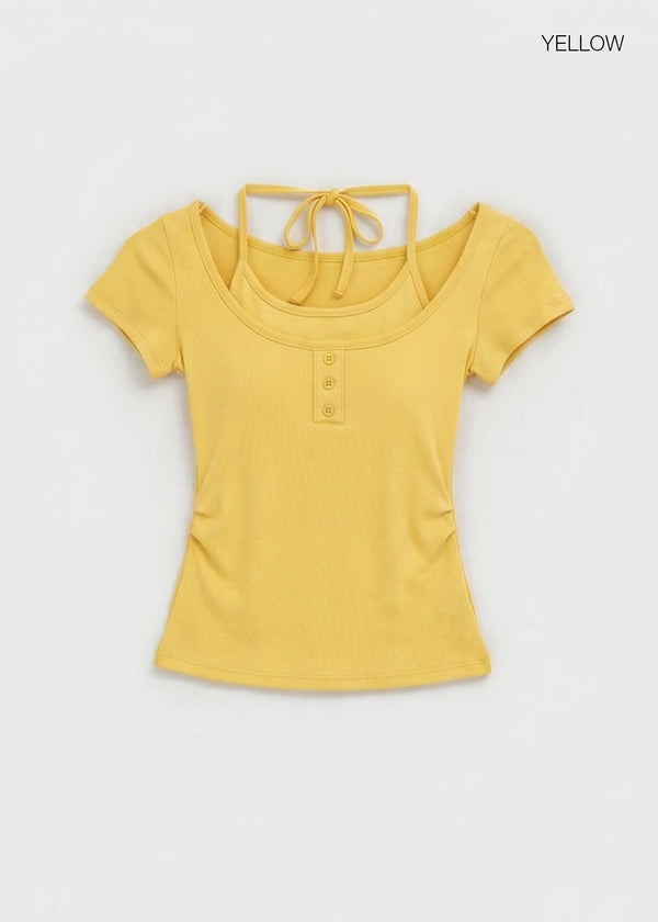 Solsee Halter Layered Short Sleeve Tee (Built-in Cap)