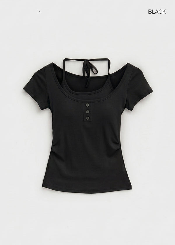 Solsee Halter Layered Short Sleeve Tee (Built-in Cap)