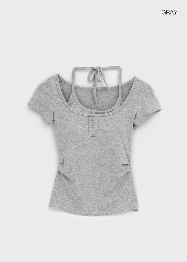 Solsee Halter Layered Short Sleeve Tee (Built-in Cap)