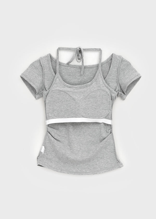 Solsee Halter Layered Short Sleeve Tee (Built-in Cap)