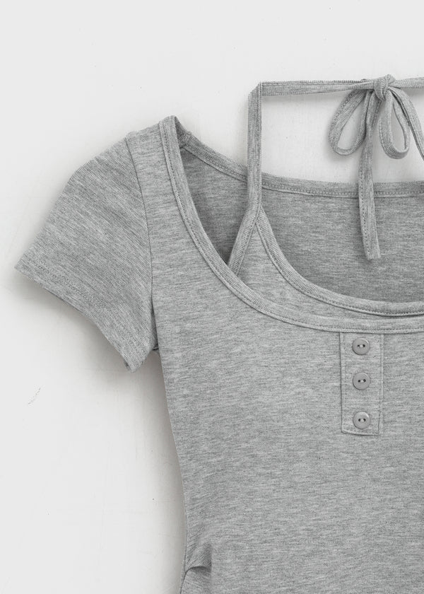 Solsee Halter Layered Short Sleeve Tee (Built-in Cap)