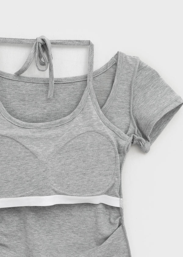 Solsee Halter Layered Short Sleeve Tee (Built-in Cap)