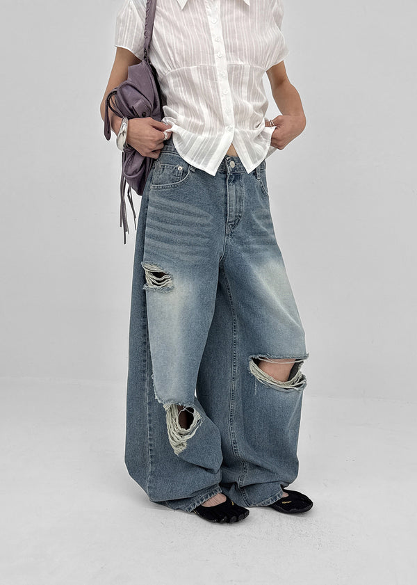 Chemnock Washed Distressed Wide Denim Pants