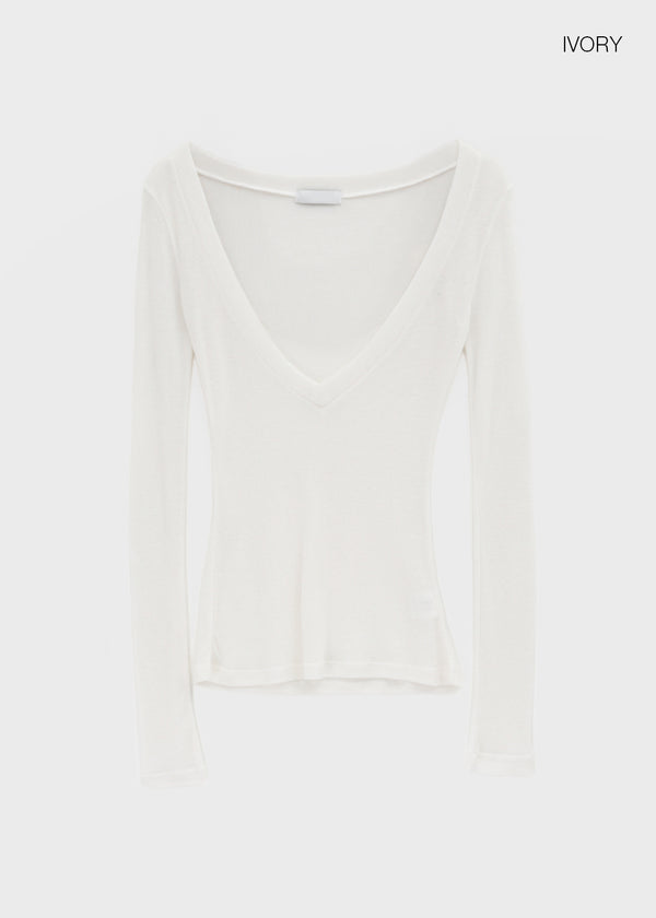 Kommel Deep V-Neck Tencel Long Sleeve Tee