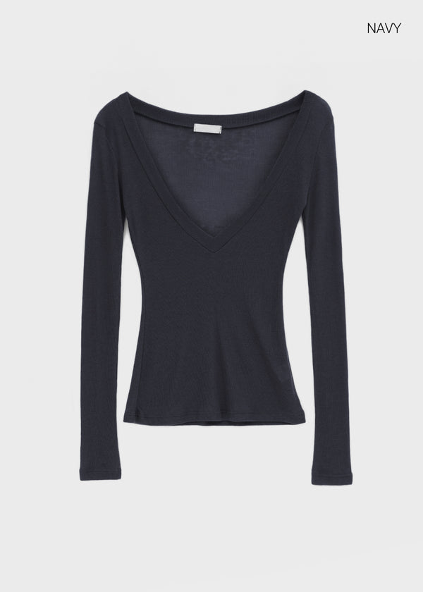 Kommel Deep V-Neck Tencel Long Sleeve Tee