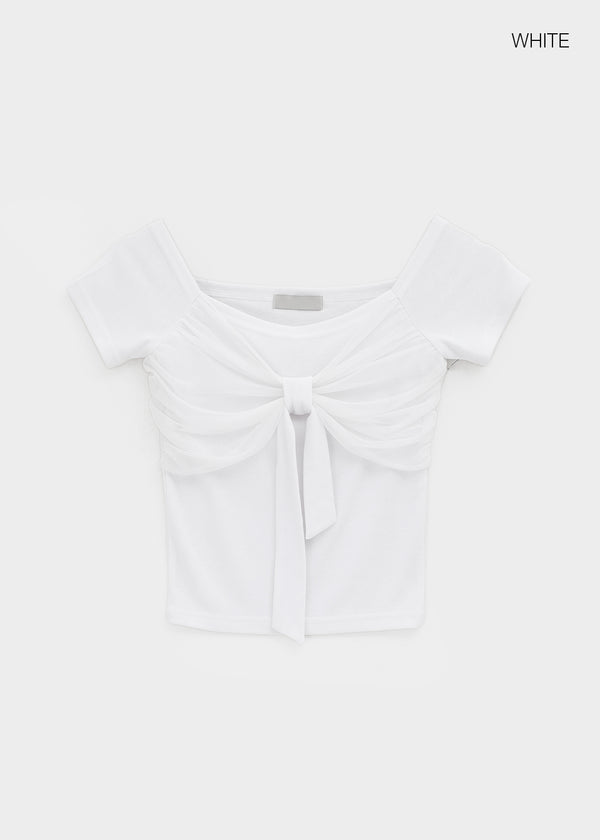 Short-sleeved off-shoulder ribbon tee