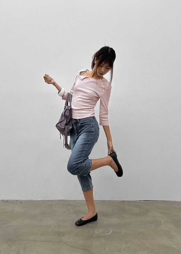 Celien Snap Ribbed 3/4 Sleeve Tee