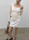 Tactile satin shirred mini skirt-pants
