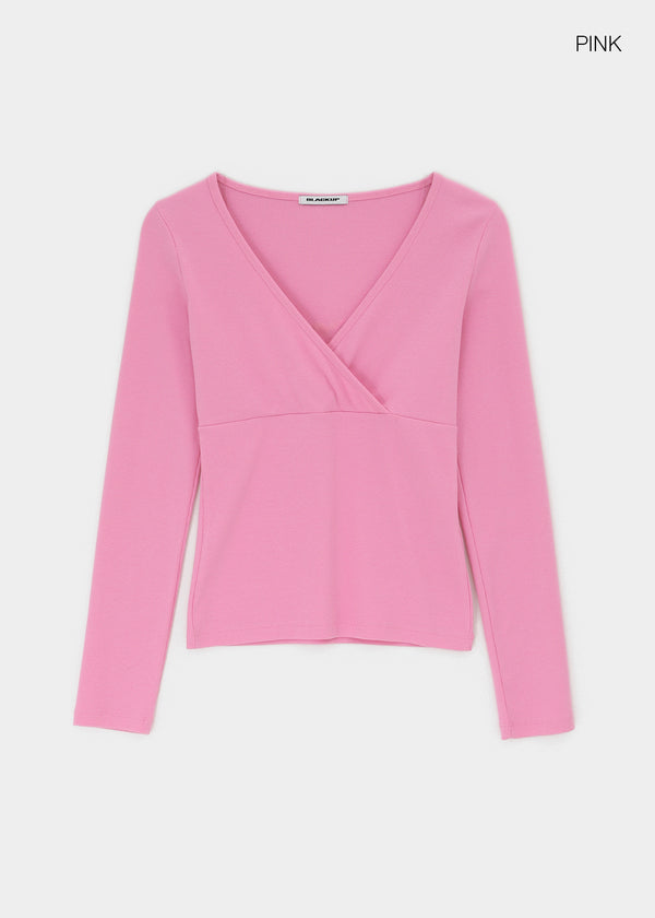 [B-BASIC] Ribbed V-Neck Wrap Long Sleeve Tee (2 SIZE)