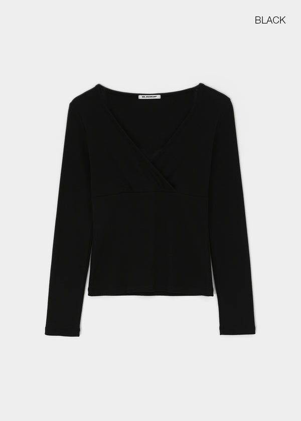 [B-BASIC] Ribbed V-Neck Wrap Long Sleeve Tee (2 SIZE)
