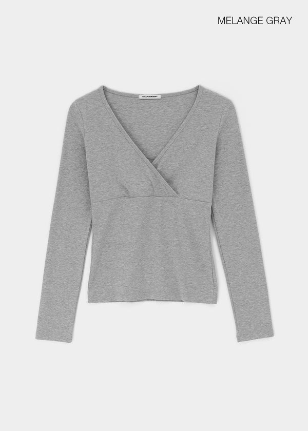 [B-BASIC] Ribbed V-Neck Wrap Long Sleeve Tee (2 SIZE)
