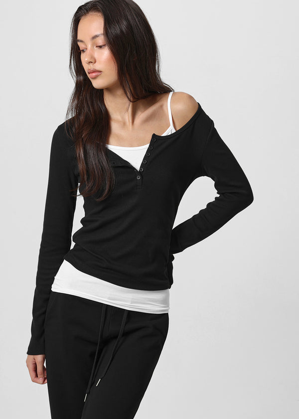 [B-BASIC] Ribbed Henley Neck Long Sleeve Tee (2 SIZE)