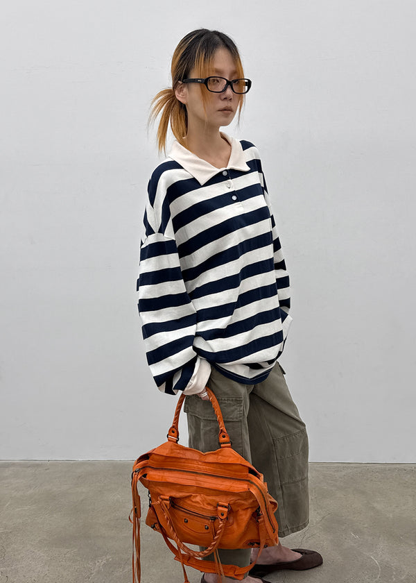 (UNISEX) Morato Striped Collared Long Sleeve Tee