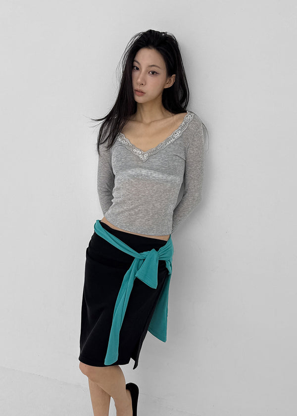 V-All Lace Deep V-Neck Long Sleeve Tee