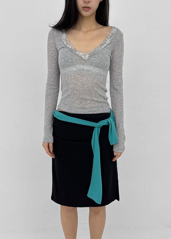 V-All Lace Deep V-Neck Long Sleeve Tee