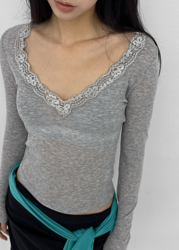 V-All Lace Deep V-Neck Long Sleeve Tee