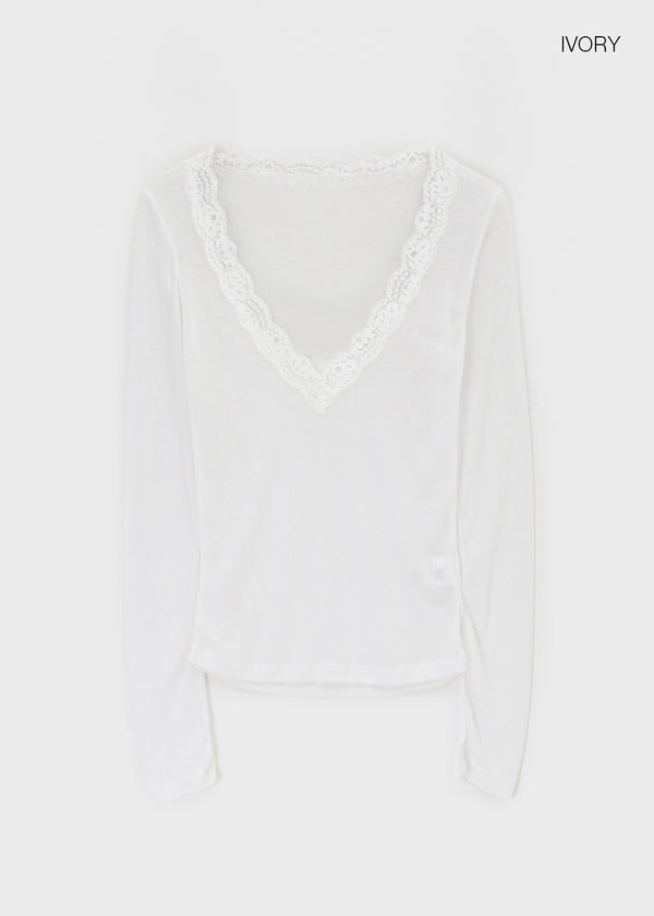 V-All Lace Deep V-Neck Long Sleeve Tee