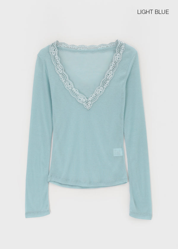 V-All Lace Deep V-Neck Long Sleeve Tee