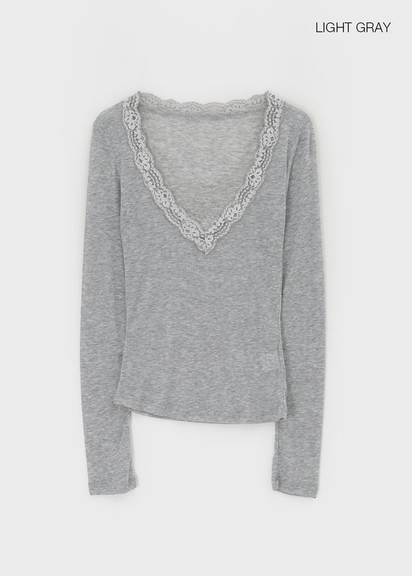 V-All Lace Deep V-Neck Long Sleeve Tee