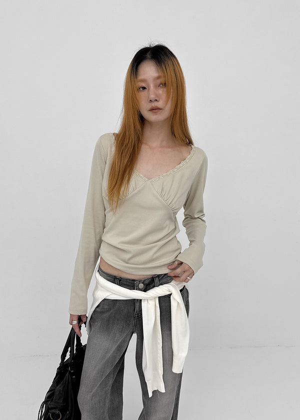 Kohwi Lace V-neck Long Sleeve T-shirt