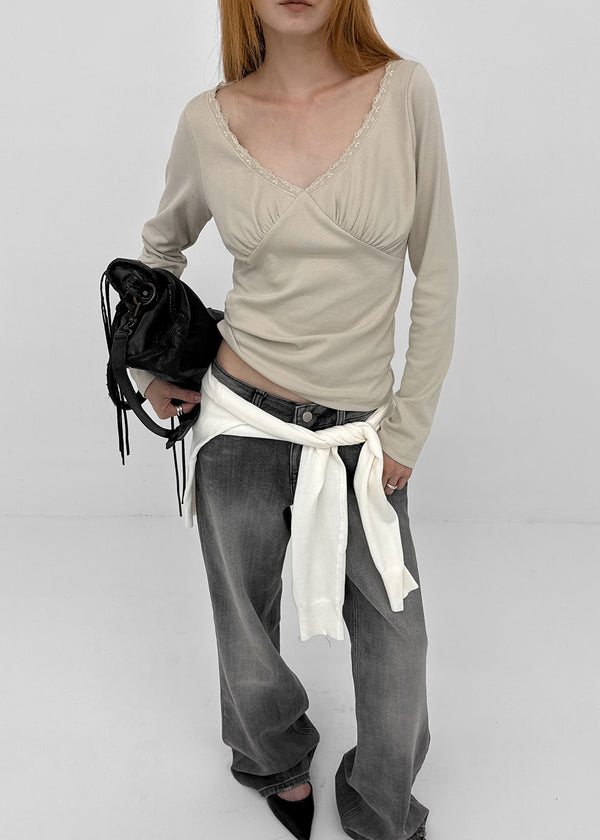 Kohwi Lace V-neck Long Sleeve T-shirt