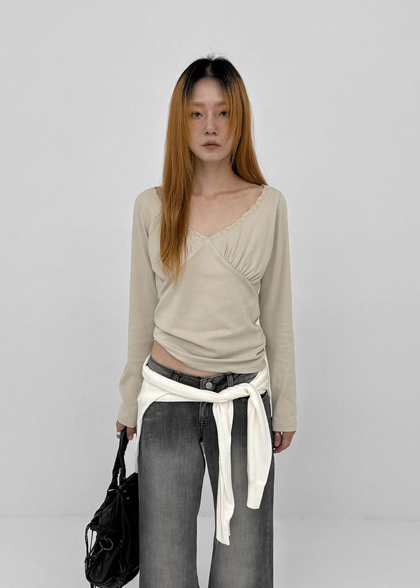 Kohwi Lace V-neck Long Sleeve T-shirt