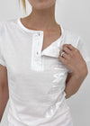 Kussyong Lettering Henley Neck Short Sleeve Tee
