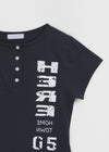 Kussyong Lettering Henley Neck Short Sleeve Tee