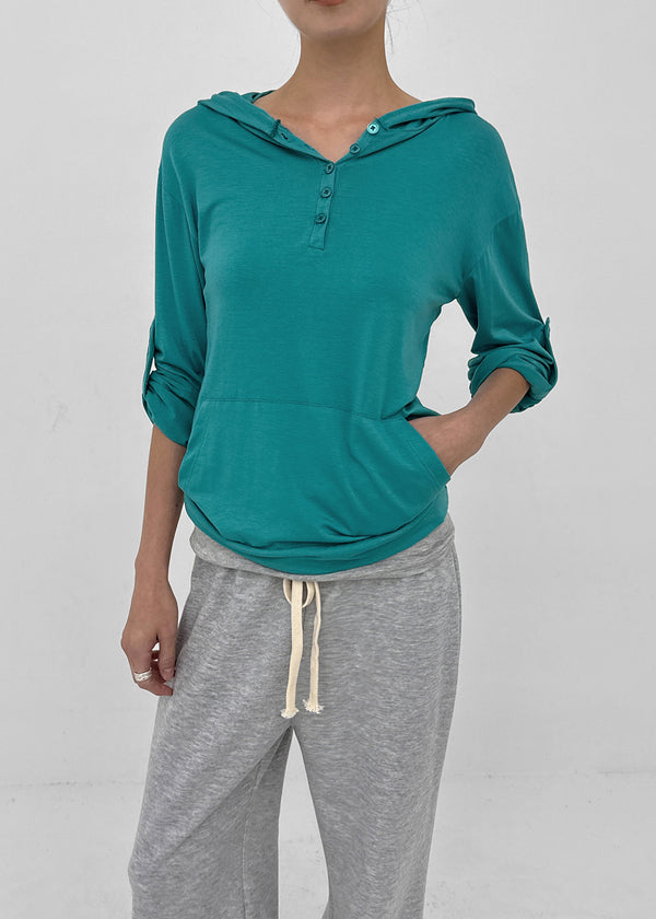 Lafont Henley Neck Two-Way Hooded Long Sleeve Tee