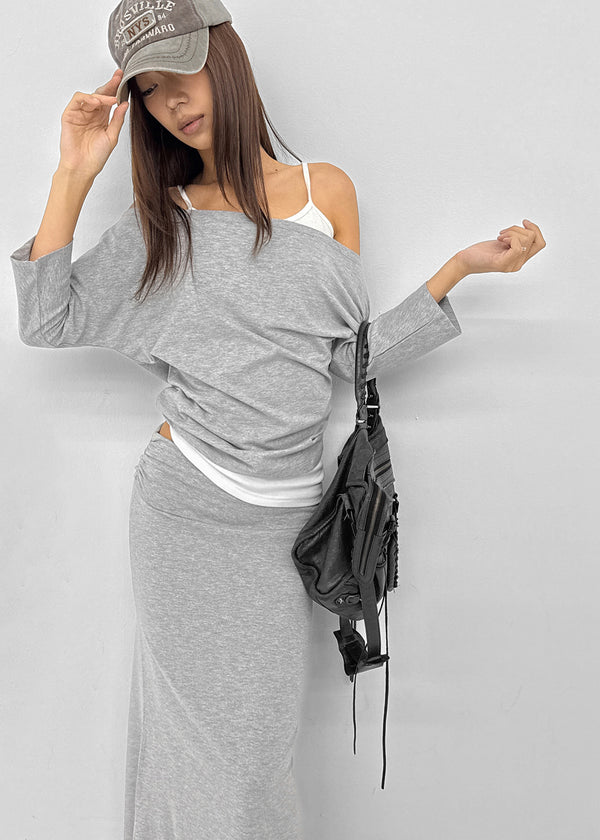 [MADE] Upper-face Folding Shirred Long Skirt (Available as a set)