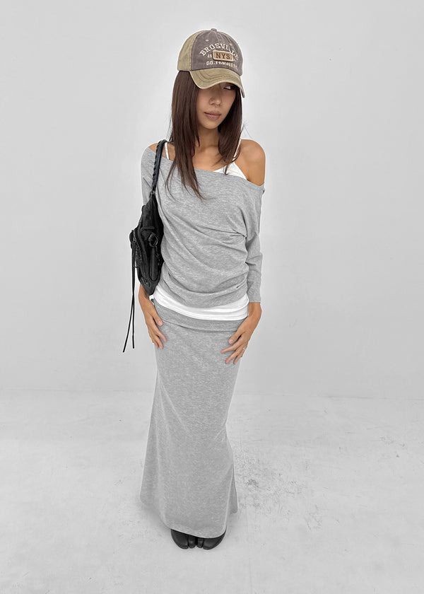 [MADE] Upper-face Folding Shirred Long Skirt (Available as a set)