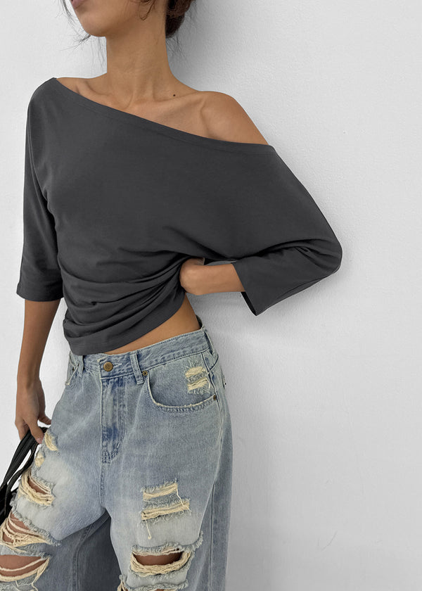 [MADE] Upper-face Boat Neck Batwing Sleeve T-shirt (Available as a set)