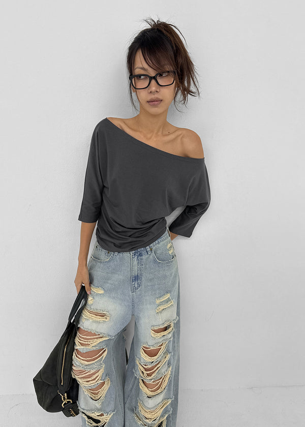 [MADE] Upper-face Boat Neck Batwing Sleeve T-shirt (Available as a set)