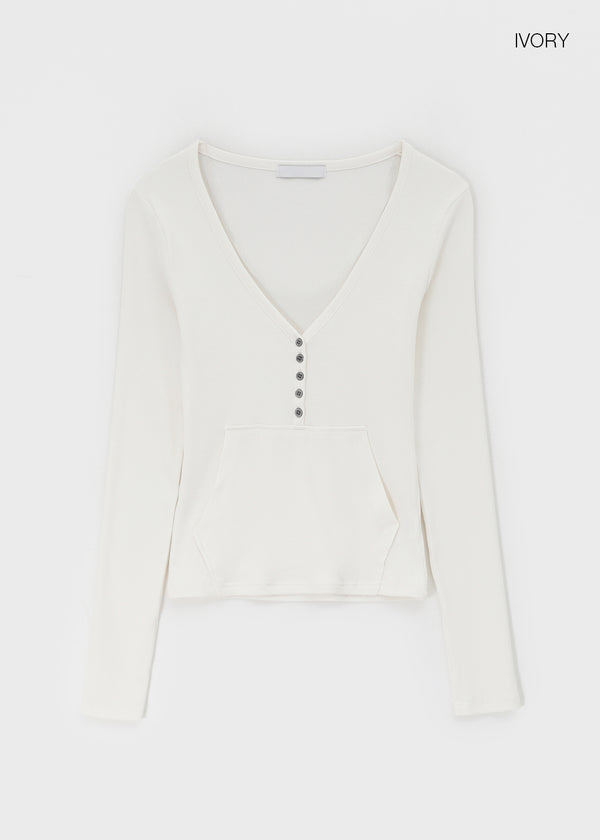 Special Deep V-Neck Henley Neck Long Sleeve Tee