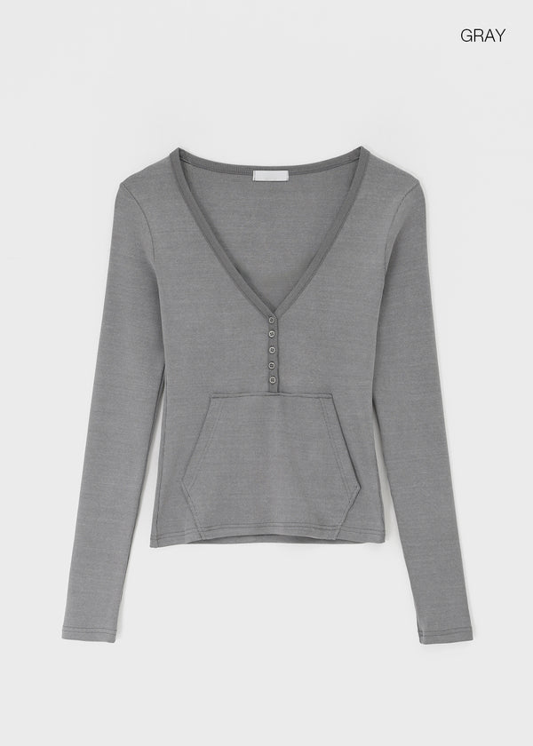 Special Deep V-Neck Henley Neck Long Sleeve Tee