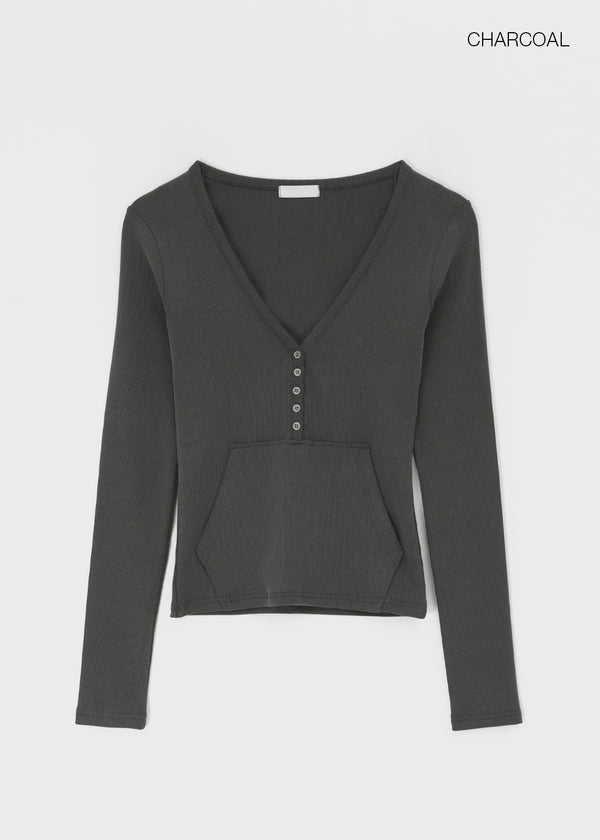 Special Deep V-Neck Henley Neck Long Sleeve Tee