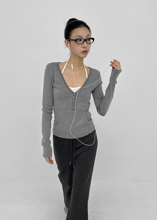 Special Deep V-Neck Henley Neck Long Sleeve Tee