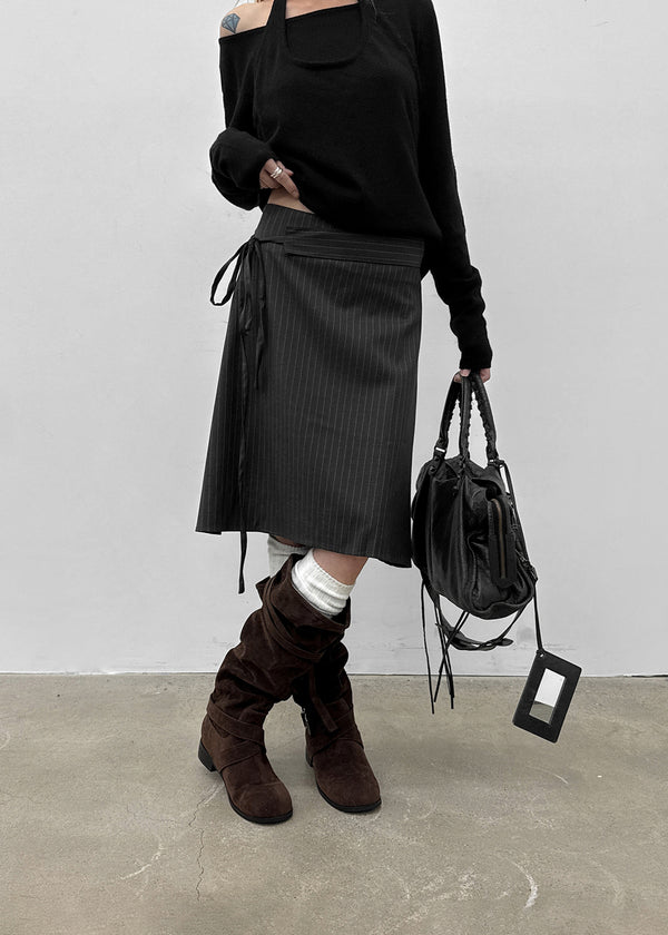 Eve Striped Flare Midi Skirt (Belt Set)