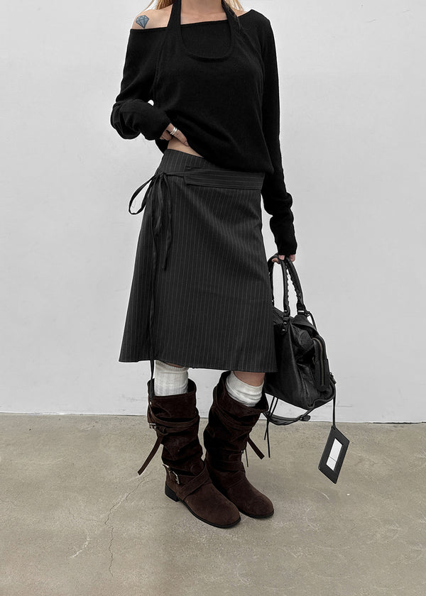 Eve Striped Flare Midi Skirt (Belt Set)