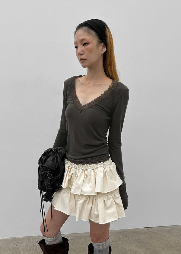 Creen Lace Deep V-Neck Long Sleeve Tee