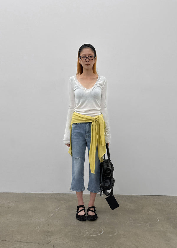 Link cut slit denim capri pants