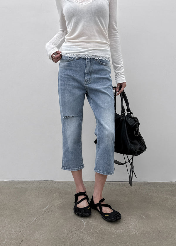 Link cut slit denim capri pants