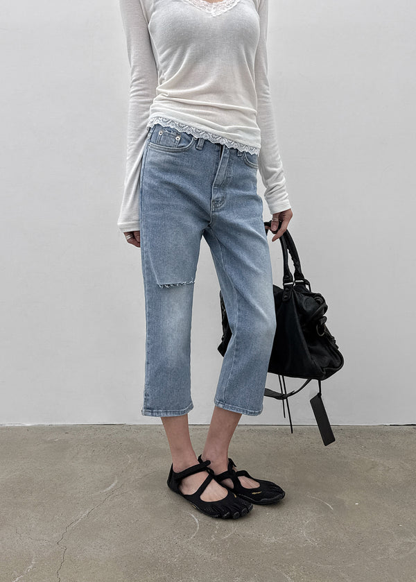 Link cut slit denim capri pants