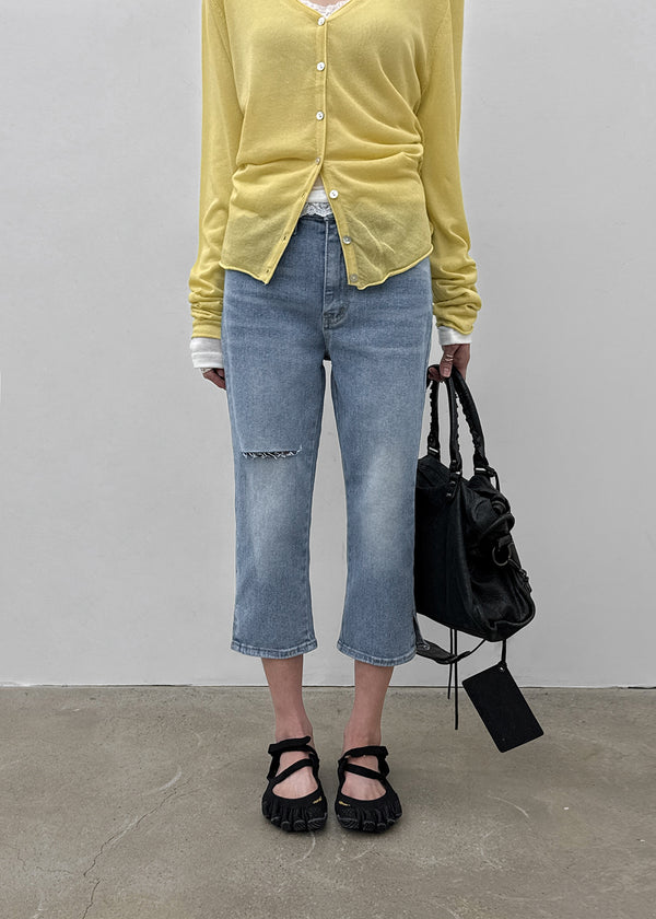 Link cut slit denim capri pants