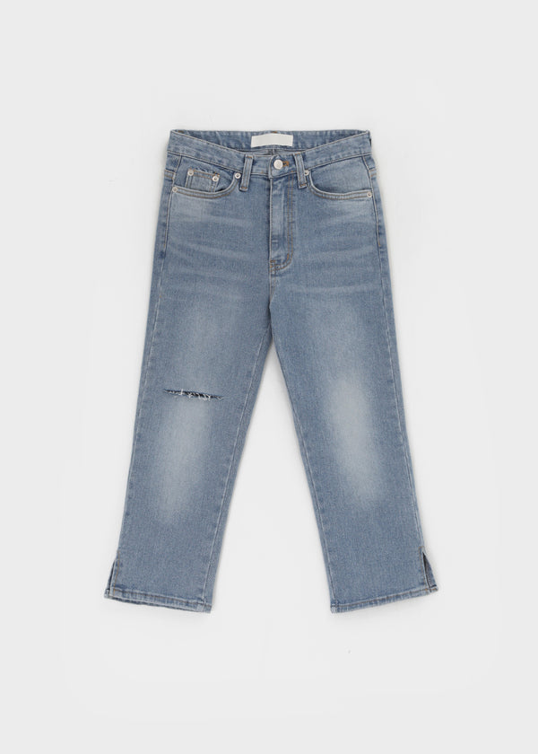 Link cut slit denim capri pants