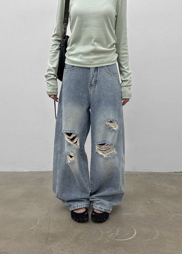 Kran Damage Balloon Wide Denim Pants