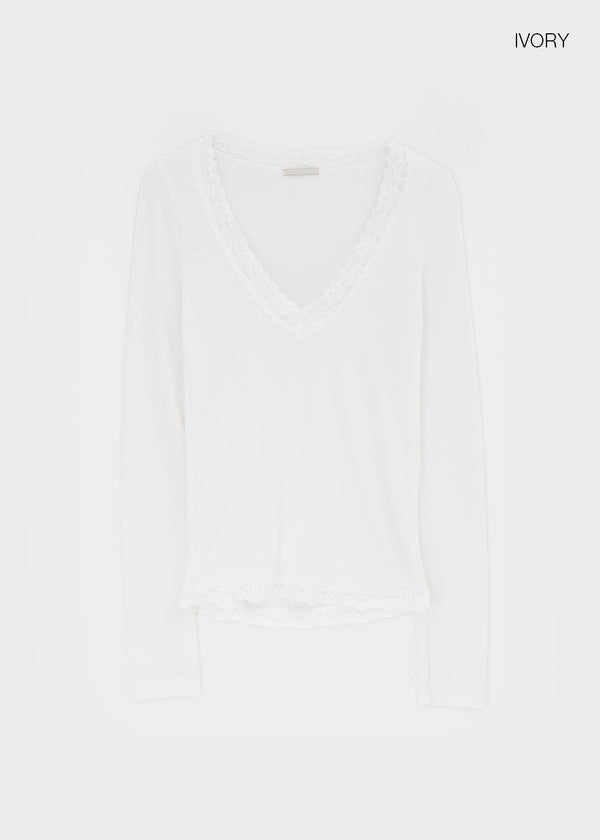 Creen Lace Deep V-Neck Long Sleeve Tee