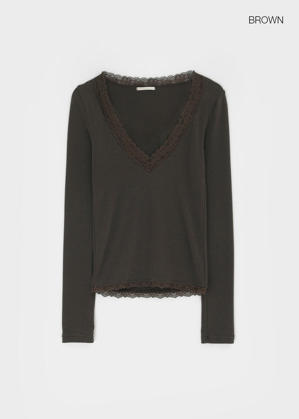 Creen Lace Deep V-Neck Long Sleeve Tee