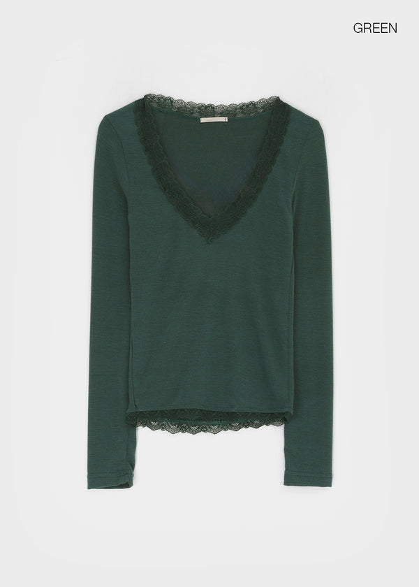 Creen Lace Deep V-Neck Long Sleeve Tee