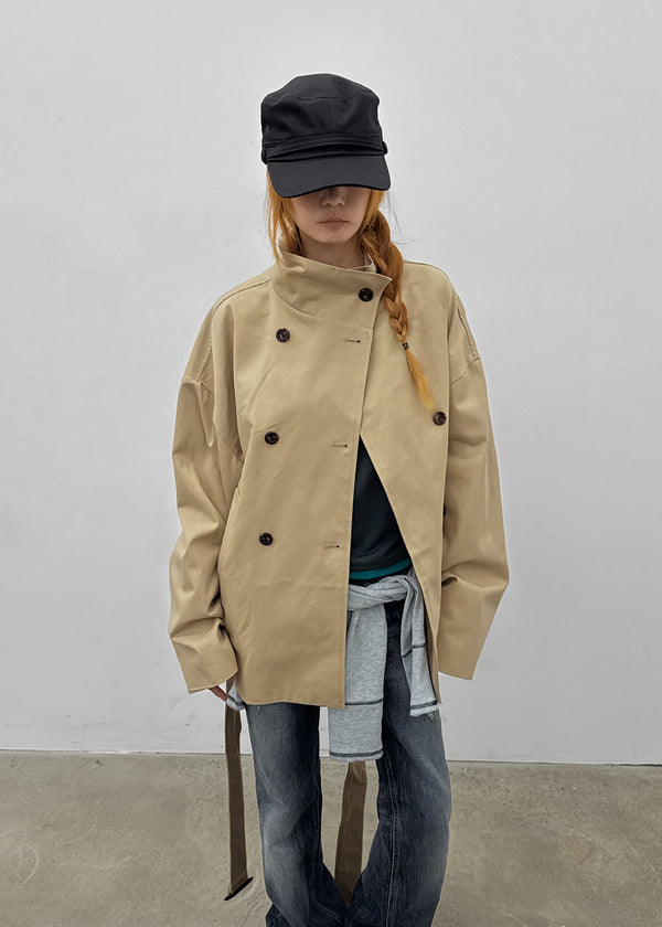 Lama double-button high-neck trench jacket